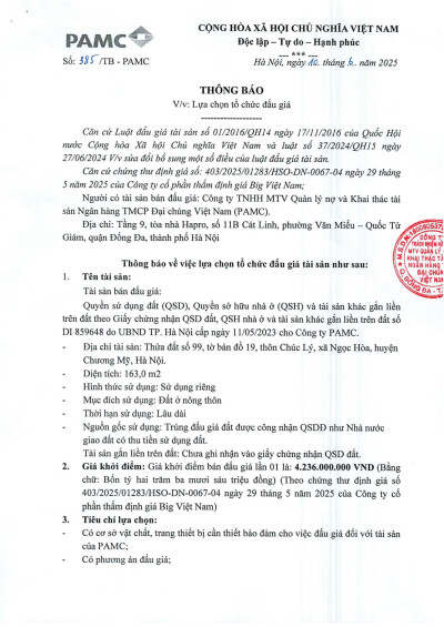 Thông báo lựa chọn tổ chức bán đấu giá tài sản Chương Mỹ, Hà Nội