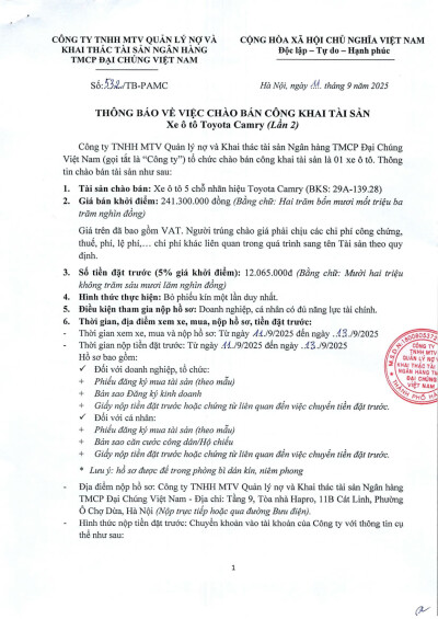 Thông báo về việc chào bán công khai tài sản xe ô tô Toyota Camry (lần 2)