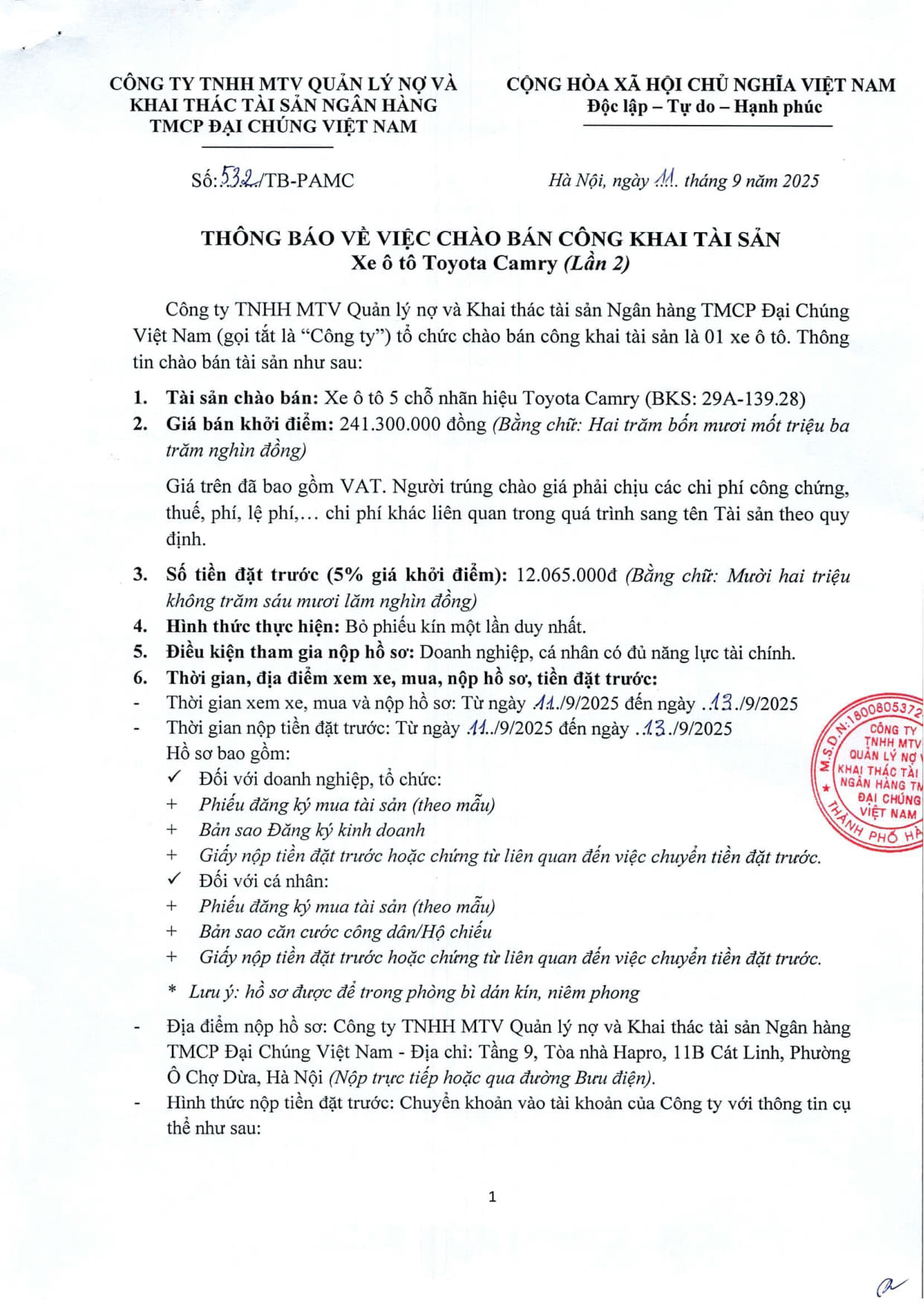 Thông báo bán xe Camry lần 2 _0001_1