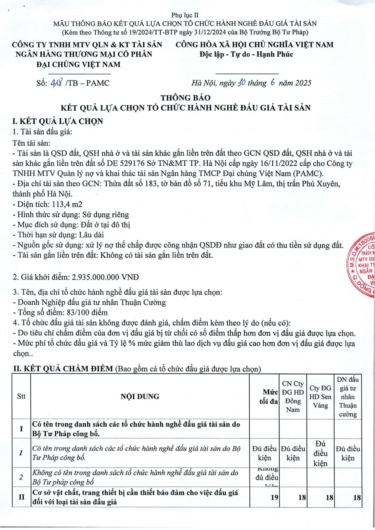 Thông báo 418 v.v kết quả lựa chọn tổ chức hành nghề bán DDGTS tại Phú Xuyên_1