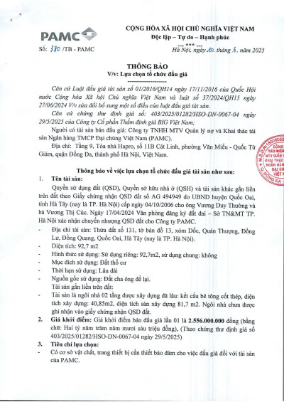 Thông báo lựa chọn đơn vị bán đấu giá tài sản
